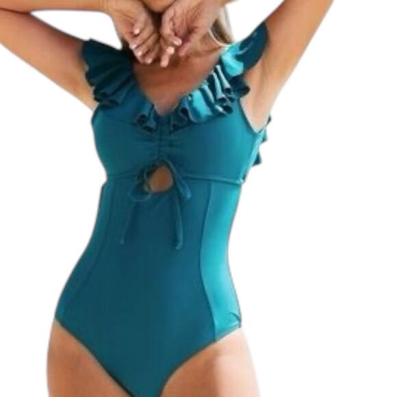 Cupshe Ruffle V-Neck Cutout One Piece Swimsuit Teal XL - Picture 1 of 6